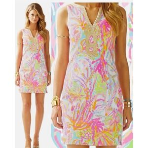 Lilly Pulitzer Sleeveless Mini Dress Gold Trim Tropical Print